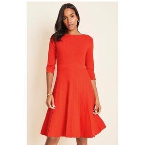 Ann Taylor Red Pleated Skirt A-Line Dress 3/4 Sleeves in Red Size XL